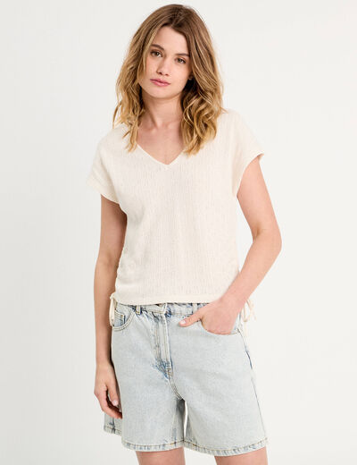 T-shirt ajour&eacute; d&eacute;tails cordons ecru femme