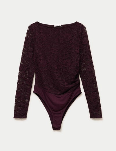 Body ajust&eacute; dentelle col bateau violet fonc&eacute; femme