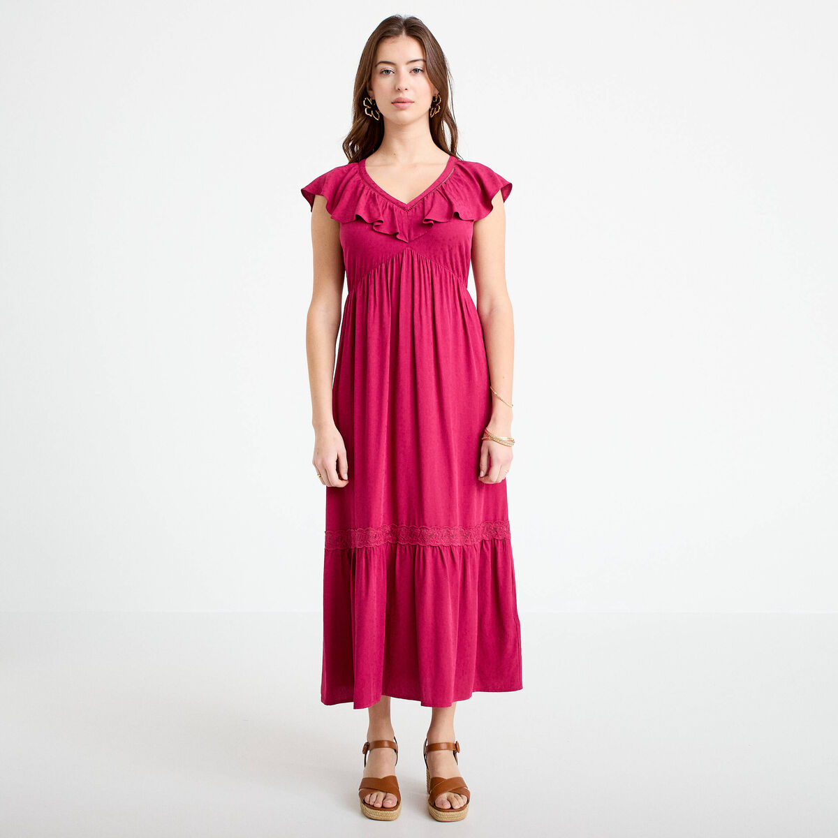 Robe longue &eacute;vas&eacute;e col v manches courtes rouge femme
