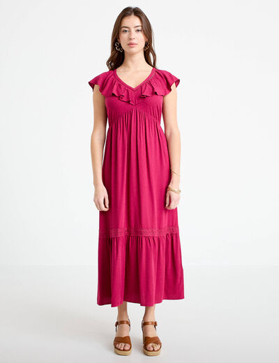 Robe longue &eacute;vas&eacute;e col v manches courtes rouge femme