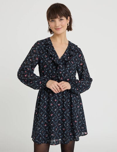 Robe courte &eacute;vas&eacute;e col v manches longues noir femme