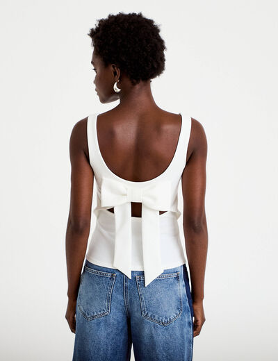Top cintr&eacute; sans manches col carr&eacute; ecru femme
