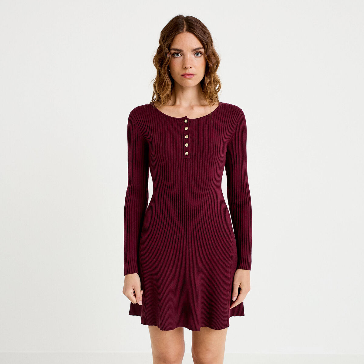 Robe pull patineuse manches longues bordeaux femme