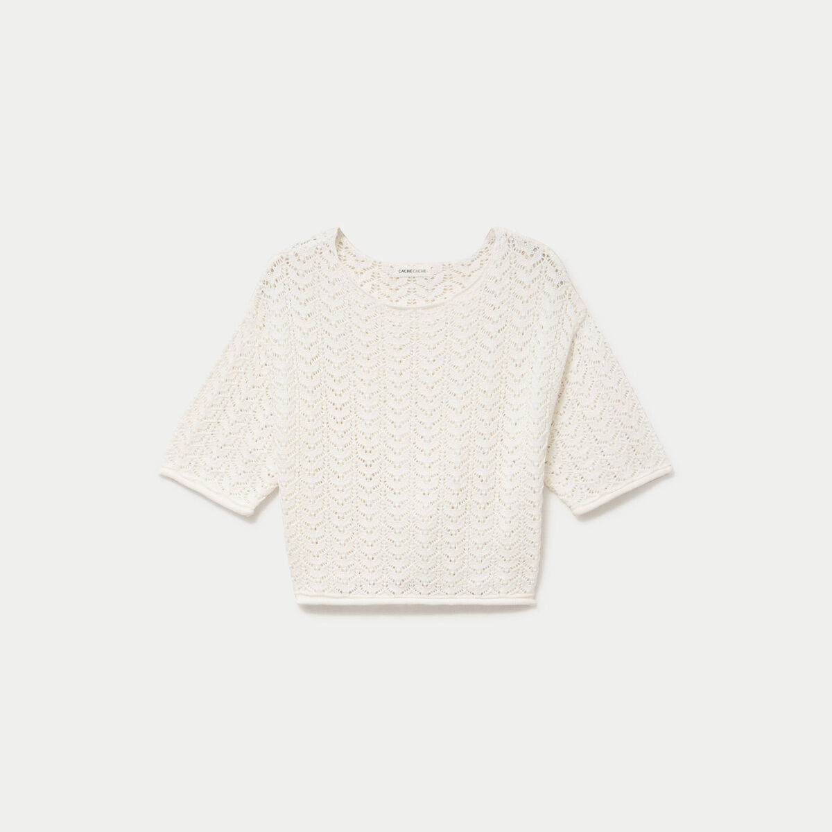 Pull ajour&eacute; aspect dentelle col rond ecru femme
