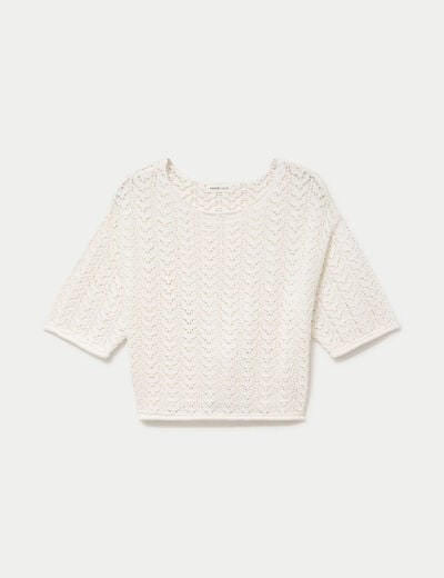 Pull ajour&eacute; aspect dentelle col rond ecru femme