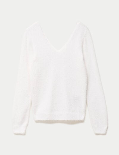Pull col v manches longues ecru femme
