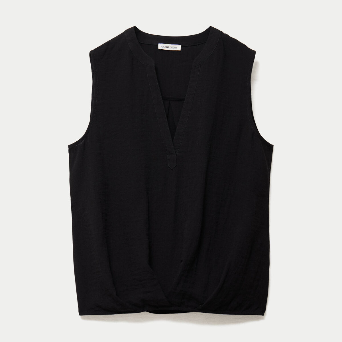 Blouse sans manches col tunisien pliss&eacute; noir femme