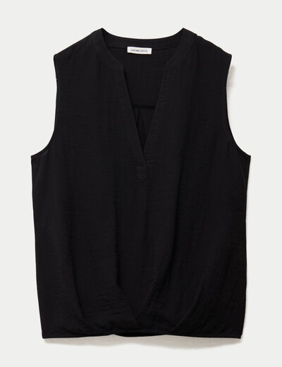 Blouse sans manches col tunisien pliss&eacute; noir femme