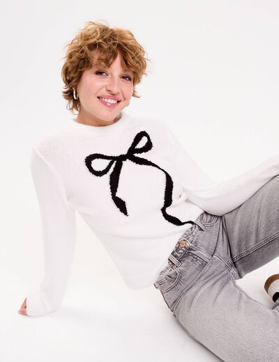 Pull motif noeud ecru femme