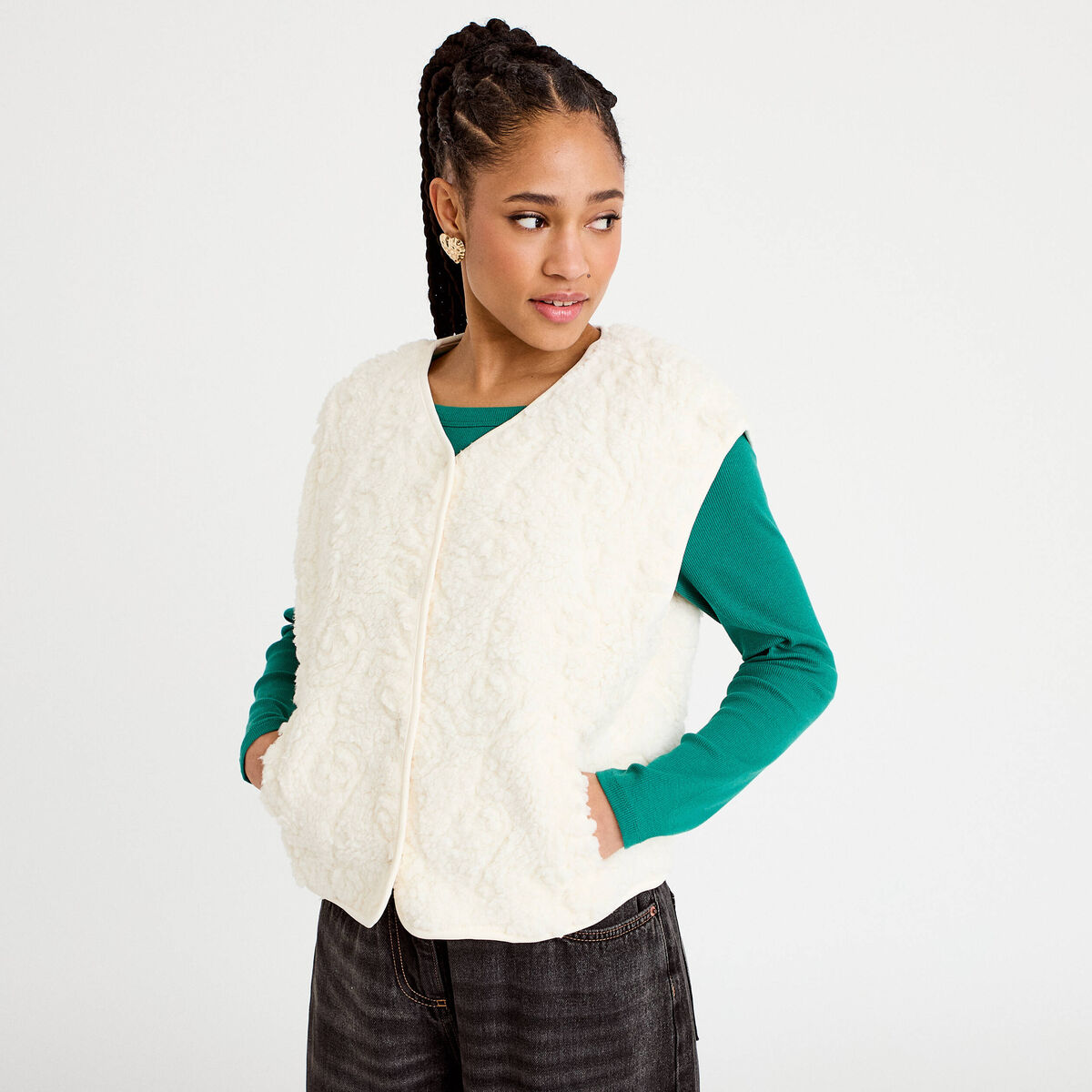 Gilet sans manches effet polaire ecru femme