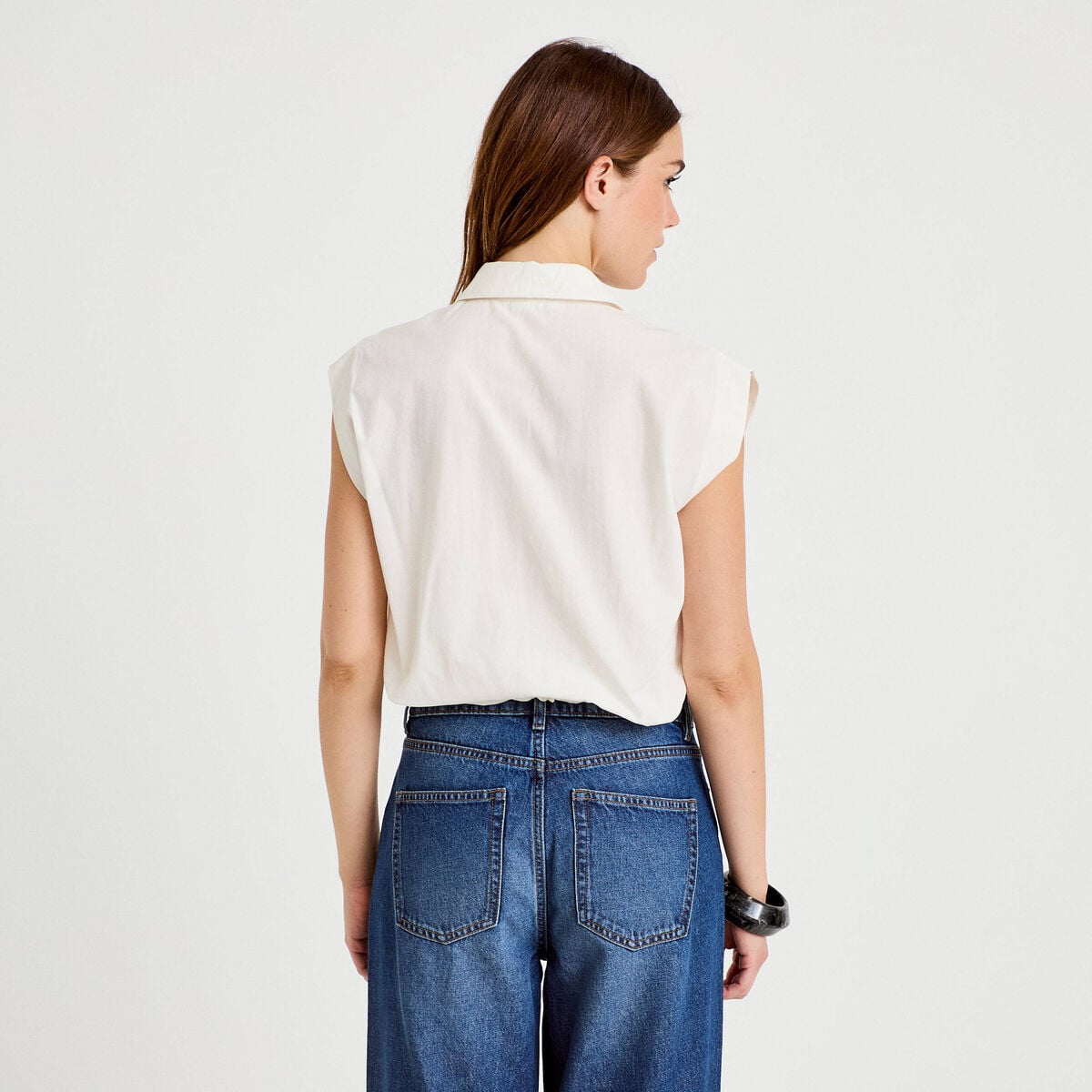 Chemise effet boule col am&eacute;ricain ecru femme