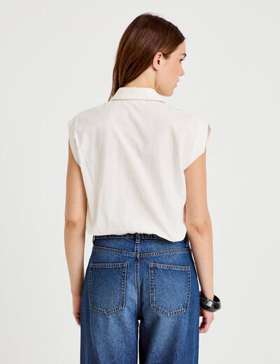 Chemise effet boule col am&eacute;ricain ecru femme