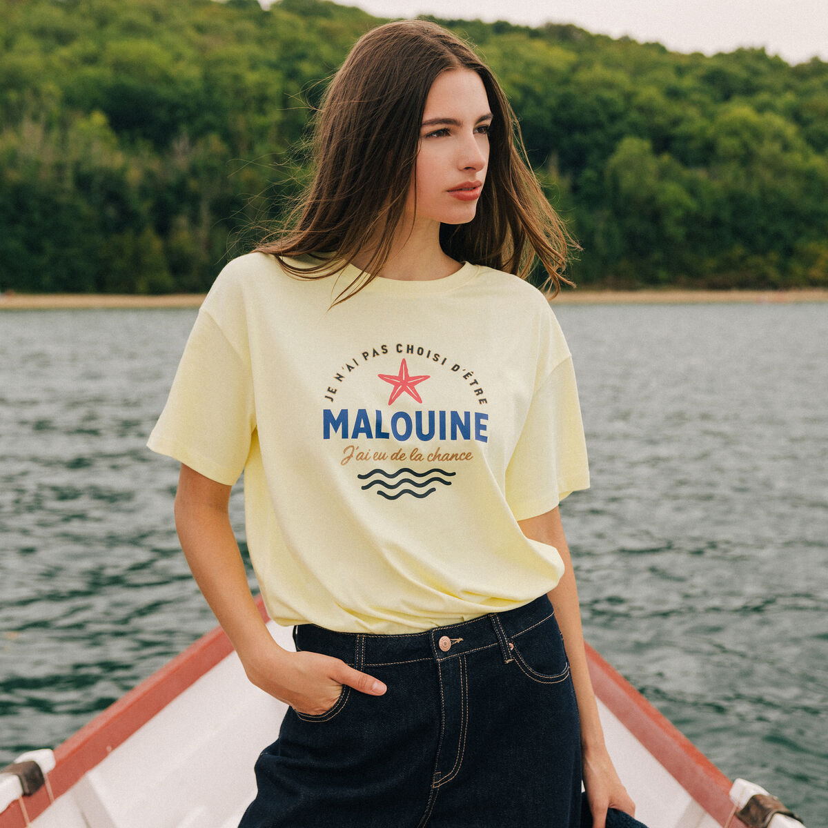 T-shirt col rond manches courtes jaune pastel femme