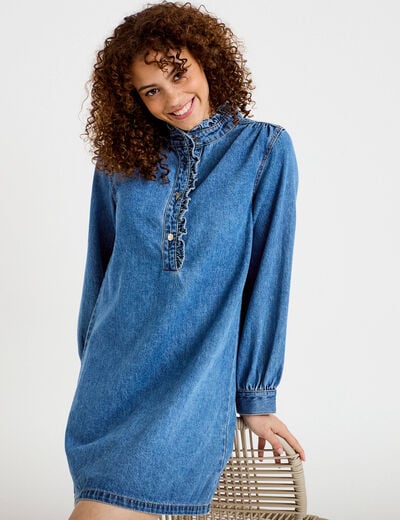 Robe &eacute;vas&eacute;e jean col montant denim double stone femme
