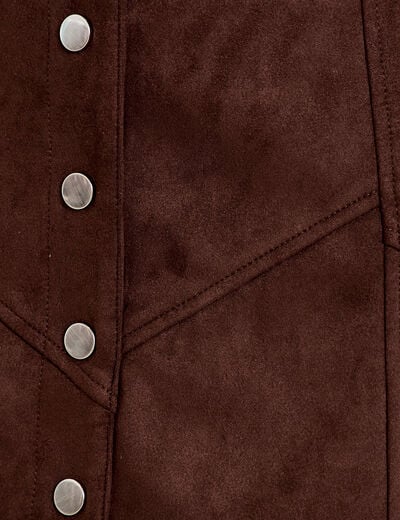 Jupe trap&egrave;ze courte aspect daim marron fonc&eacute; femme