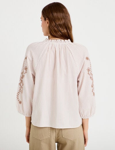 Blouse col v broderie manches 3/4 sable femme