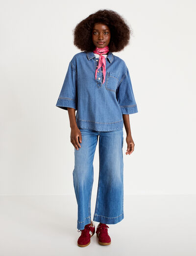 Jean wide leg cropped taille haute denim double stone femme