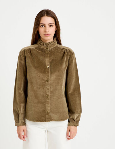 Chemise droite velours col montant vert kaki femme