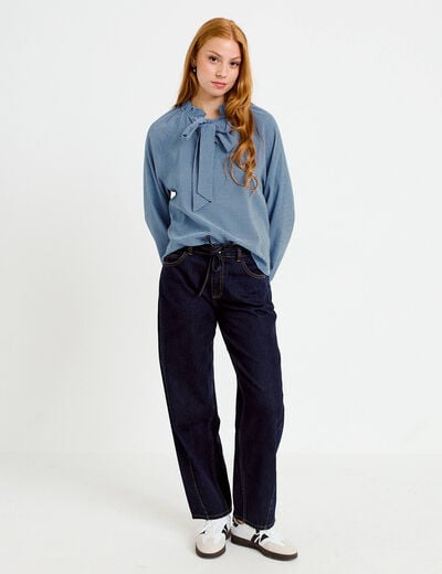 Blouse col montant manches longues bleu femme
