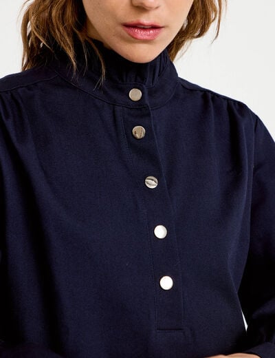 Robe droite col chemise manches longues bleu marine femme