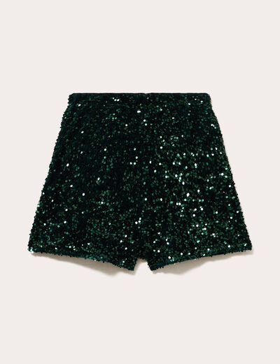 Short flare &agrave; sequins brillants vert fonc&eacute; femme