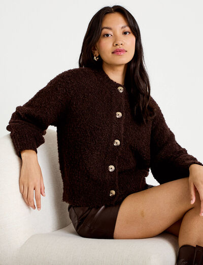Gilet bouclette col rond manches longues marron fonc&eacute; femme