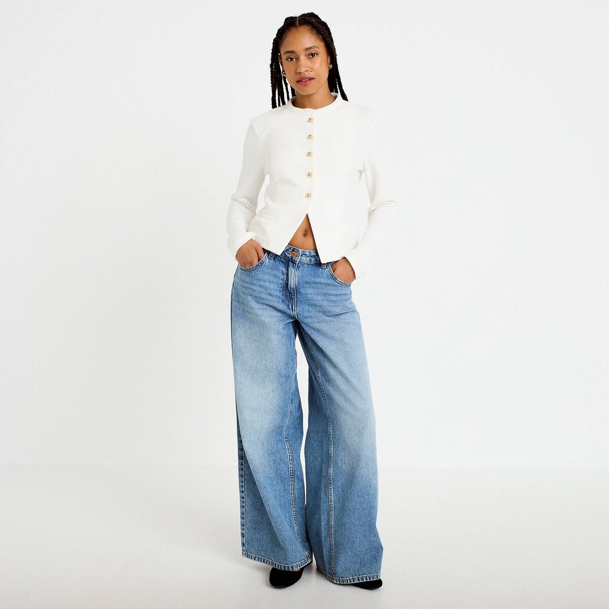 Gilet tweed droit cropped col rond ecru femme