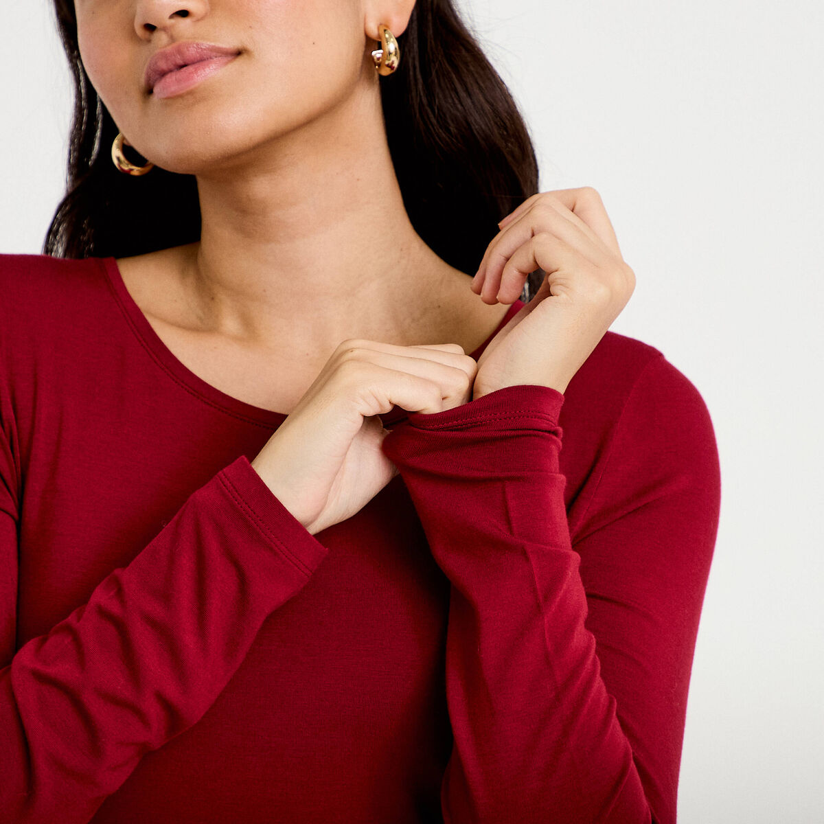 T-shirt uni &agrave; manches longues rouge femme