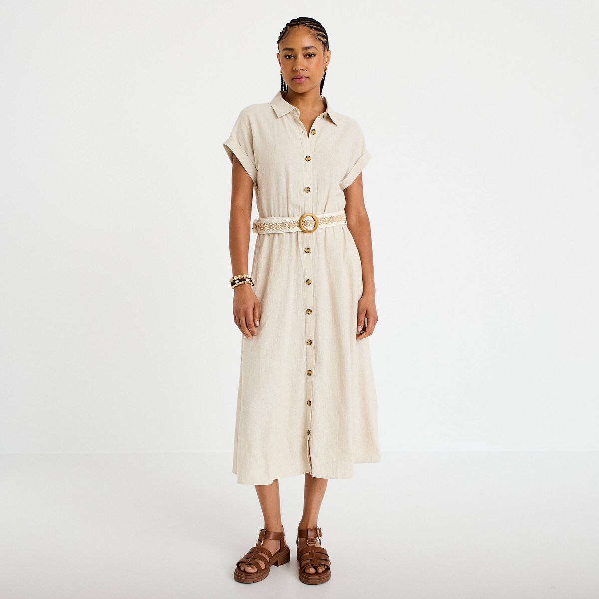 Robe &eacute;vas&eacute;e 3/4 col chemise ceinture beige femme