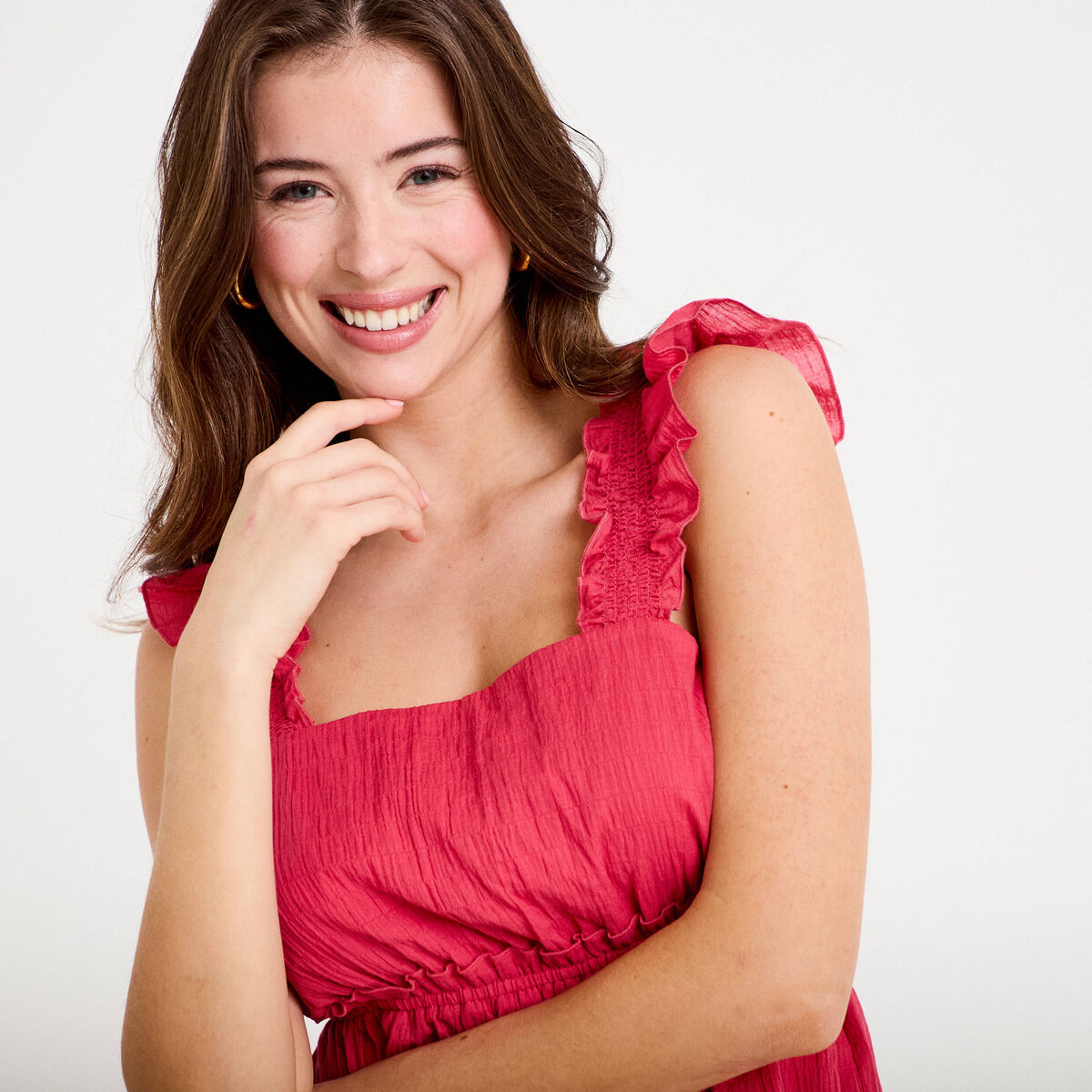 Top pliss&eacute; col carr&eacute; fines bretelles rose framboise femme