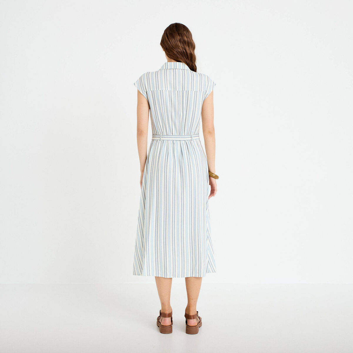 Robe midi &eacute;vas&eacute;e manches tr&egrave;s courtes blanc femme