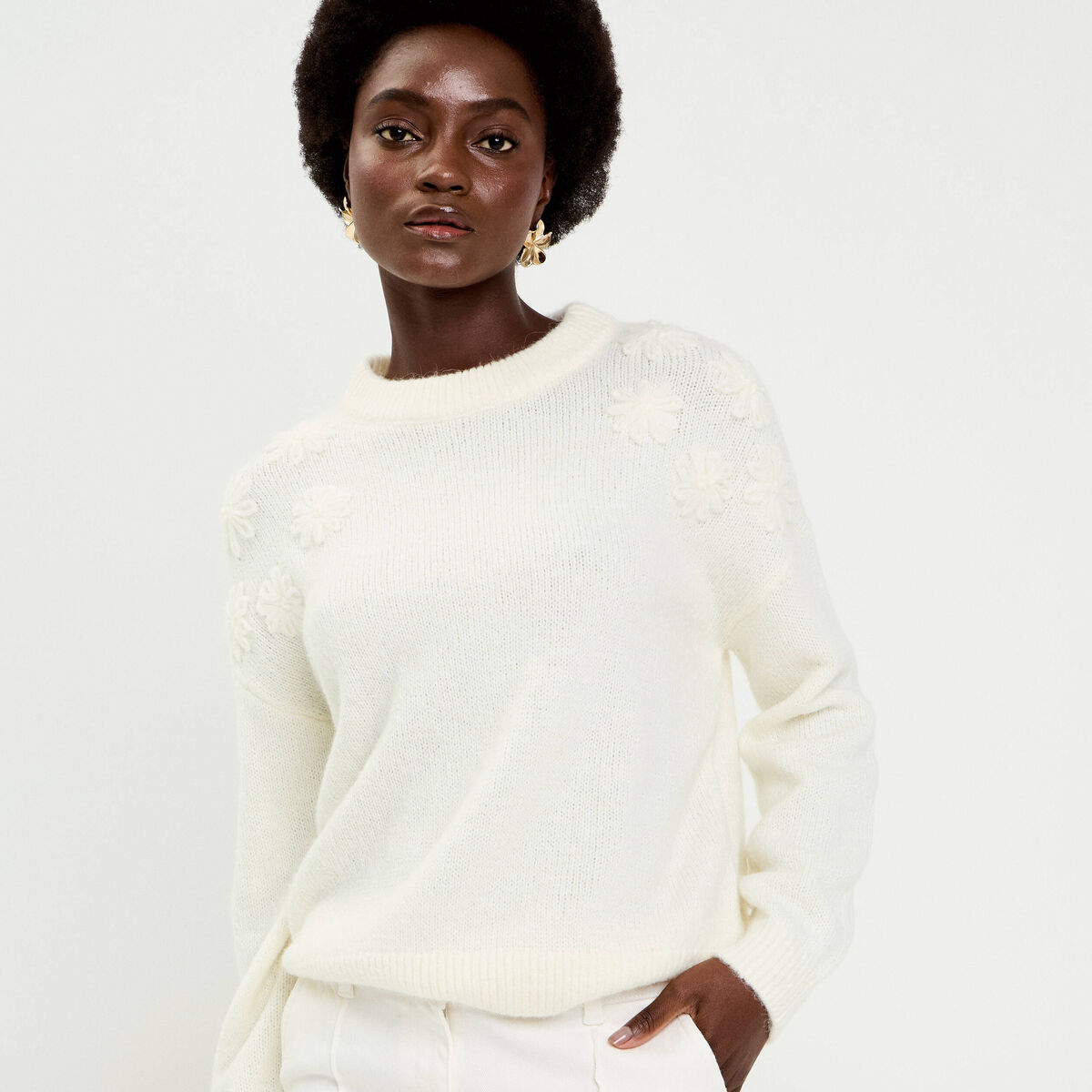 Pull brod&eacute; manches longues ecru femme