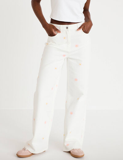 Jean wide leg taille haute &agrave; motif blanc femme