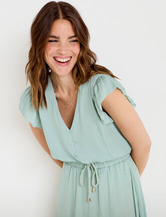 Blouse cintr&eacute;e col v manches courtes vert pastel femme