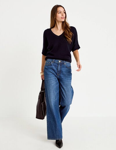Pull ample col v manches courtes bleu marine femme