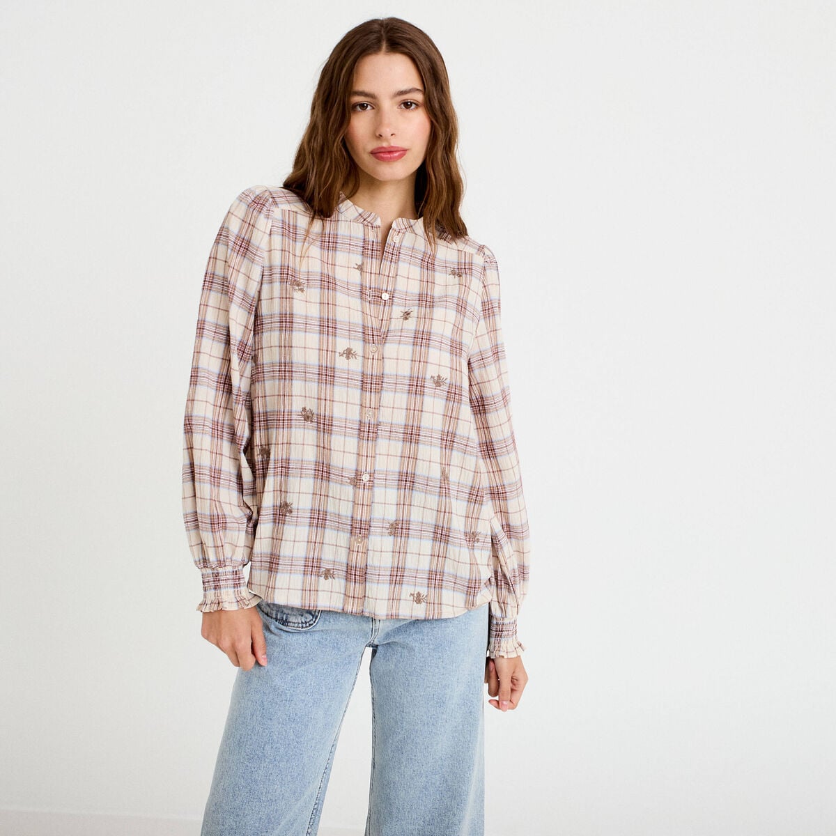 Blouse ample col montant manches longues beige femme