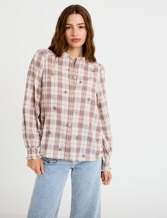 Blouse ample col montant manches longues beige femme