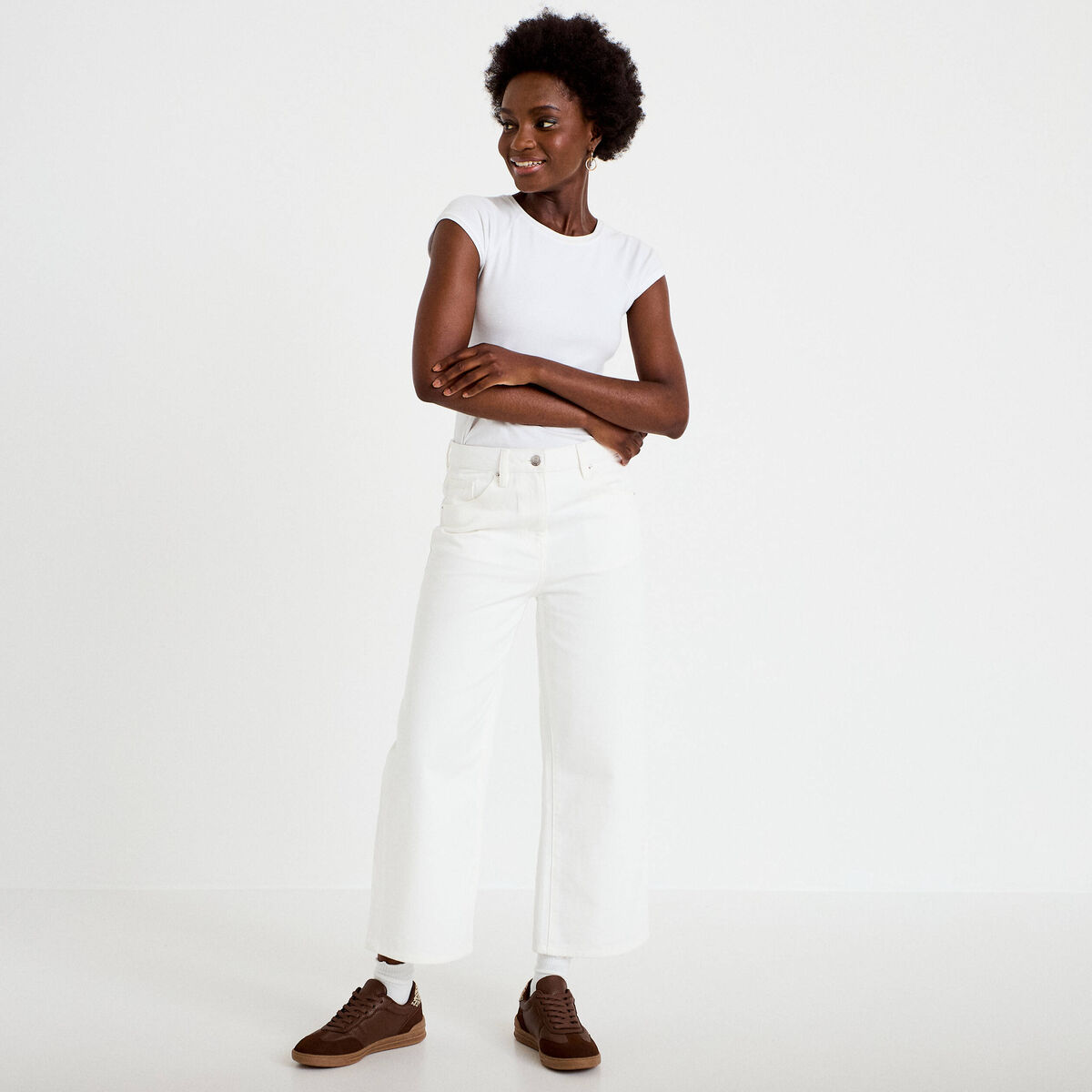 Jean bootcut cropped taille haute ecru femme