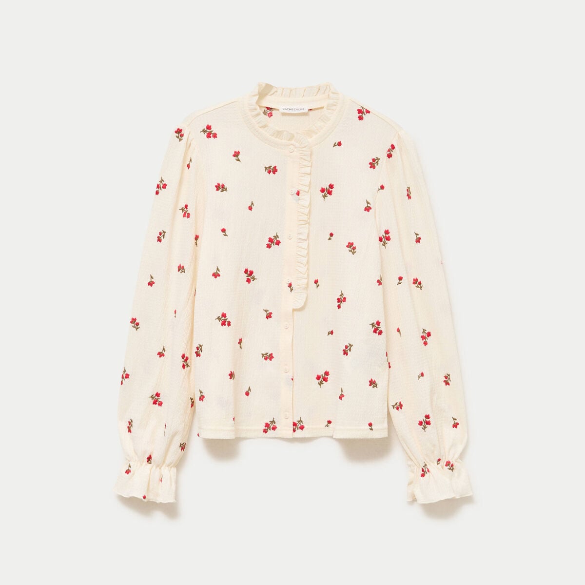 Chemise droite broderie manches longues ecru femme