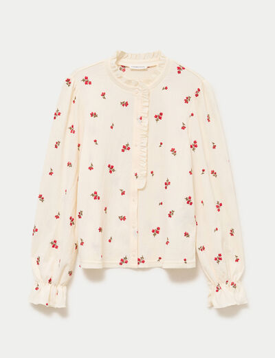Chemise droite broderie manches longues ecru femme