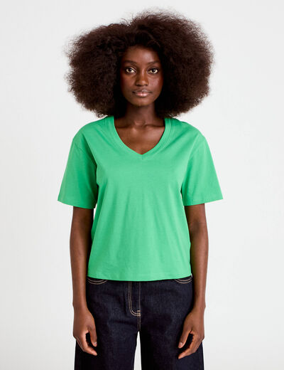 T-shirt col v manches courtes vert femme