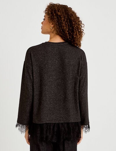 T-shirt manches longues avec dentelle gris fonc&eacute; femme