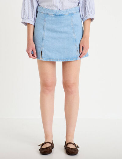 Jupe-short trap&egrave;ze en jean denim bleach femme