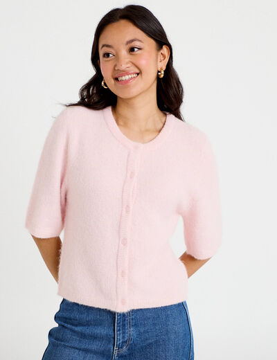 Gilet duveteux manches 3/4 rose clair femme
