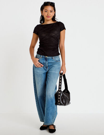 T-shirt ajust&eacute; dentelle col bateau noir femme