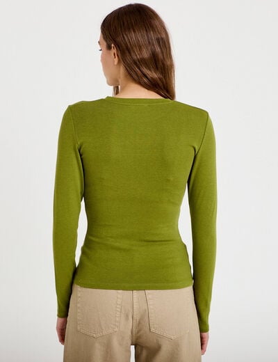 T-shirt cintr&eacute; col rond manches longues vert fonc&eacute; femme