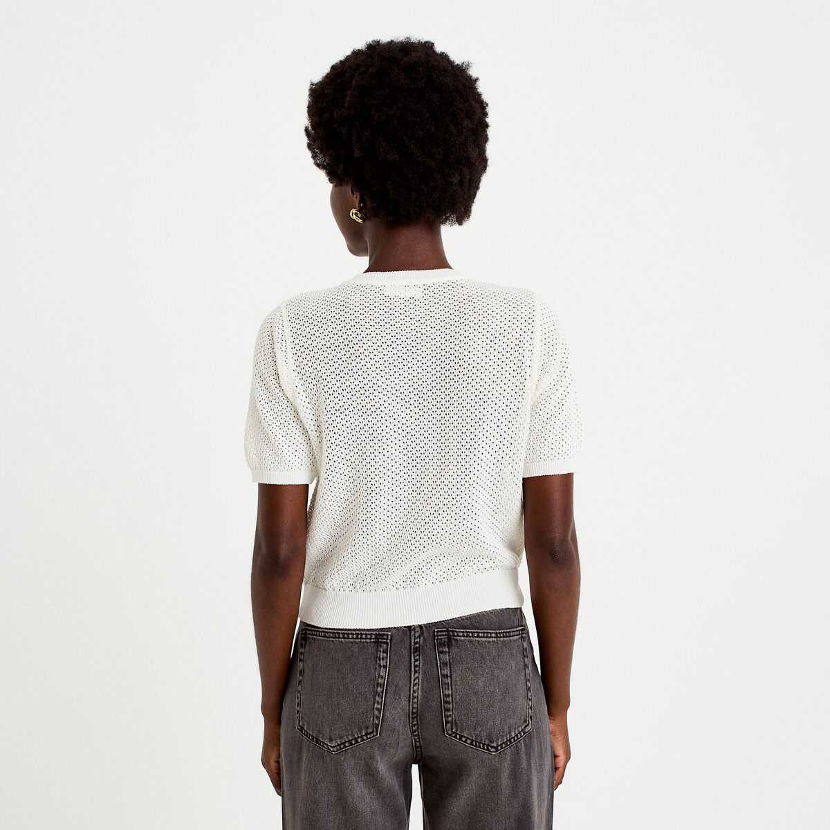 Gilet ajour&eacute; col rond manches courtes ecru femme