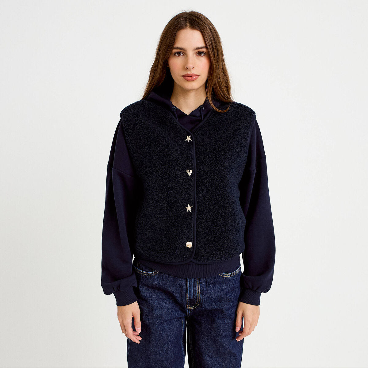 Gilet sans manches effet polaire col v bleu marine femme