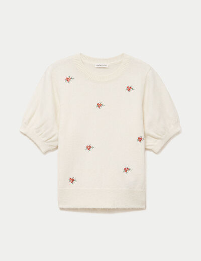 Pull col rond manches courtes brod&eacute; ecru femme