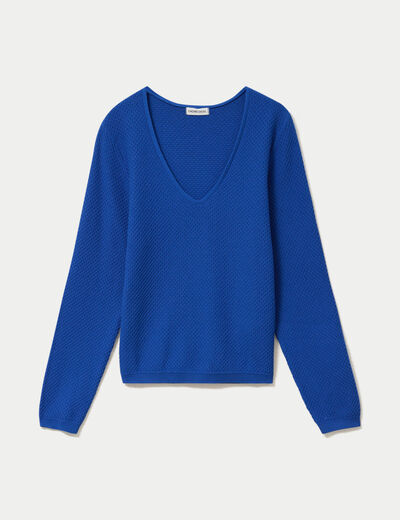 Pull col v manches longues bleu electrique femme